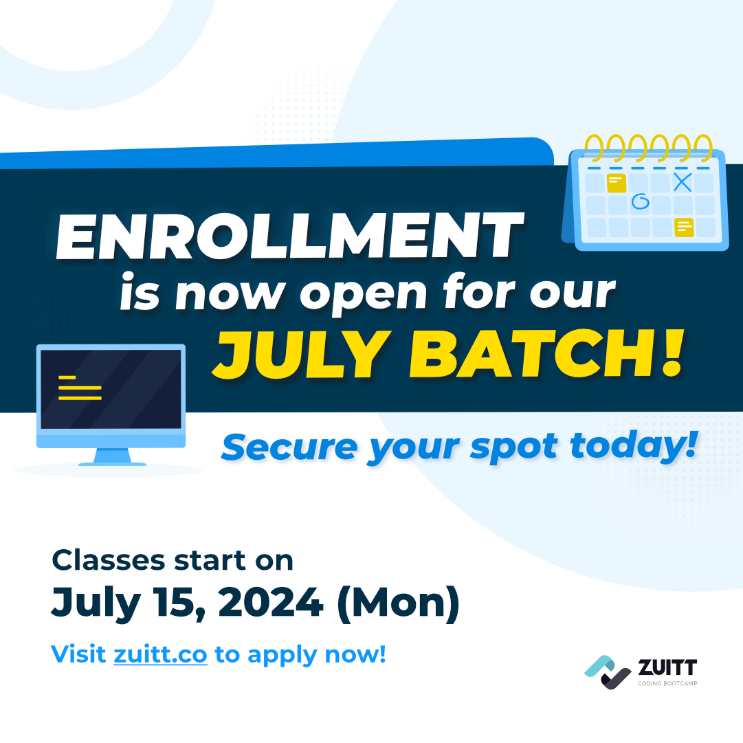 zuittco's tweet image. Bootcamper slots are now open for our JULY BATCH!
Full-time and Part-time slots are available for our Developer Career Program.
Unlock the doors to endless possibilities in 2024!
Register here: codenow.zuitt.co/JulyBatch2024
#EnrollmentOngoing #ZuittCodingBootcamp #July2024