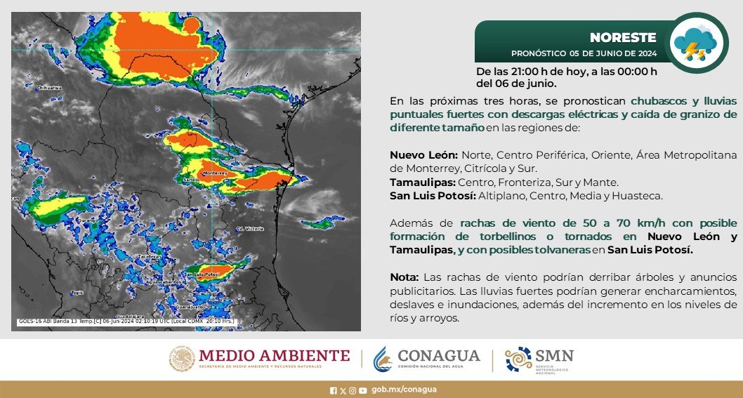conagua_clima's tweet photo. Se pronostican #Chubascos y #Lluvias fuertes, #DescargasEléctricas, caída de #Granizo de diferente tamaño y #Rachas fuertes de #Viento, en el noroeste, norte y noreste de #México, así como posibles #Torbellinos o #Tornados en #Coahuila, #NuevoLeón y #Tamaulipas, durante las próximas tres horas.

Más información en ⬇️