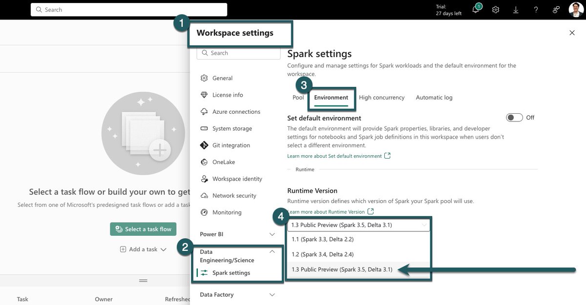 We've released #MicrosoftFabric Runtime 1.3 (#ApacheSpark 3.5) to Public Preview stage, including #DeltaLake 3.1 and #Python 3.11. Navigate to Workspace Settings &gt; Environment tab to access the newest runtime. More details here: learn.microsoft.com/en-us/fabric/d…