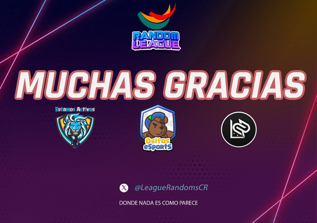 RandomsLeague (@leaguerandomscr) on Twitter photo Agradecemos a nuestros sponsor en nuestra primera edición, que consideramos fue un éxito. Gracias por confiar en el proyecto y porque a pesar de lo random que era todo decidieron unirse y colaborar con un granito de arena.
<a href="/EstamosActivoCR/">Estamos Activos</a> <a href="/OsitosEsports/">Ositos eSports</a> <a href="/Alanilmar31/">BadCat</a>
🫶✨ Agradecemos a nuestros sponsor en nuestra primera edición, que consideramos fue un éxito. Gracias por confiar en el proyecto y porque a pesar de lo random que era todo decidieron unirse y colaborar con un granito de arena.
<a href="/EstamosActivoCR/">Estamos Activos</a> <a href="/OsitosEsports/">Ositos eSports</a> <a href="/Alanilmar31/">BadCat</a>
🫶✨