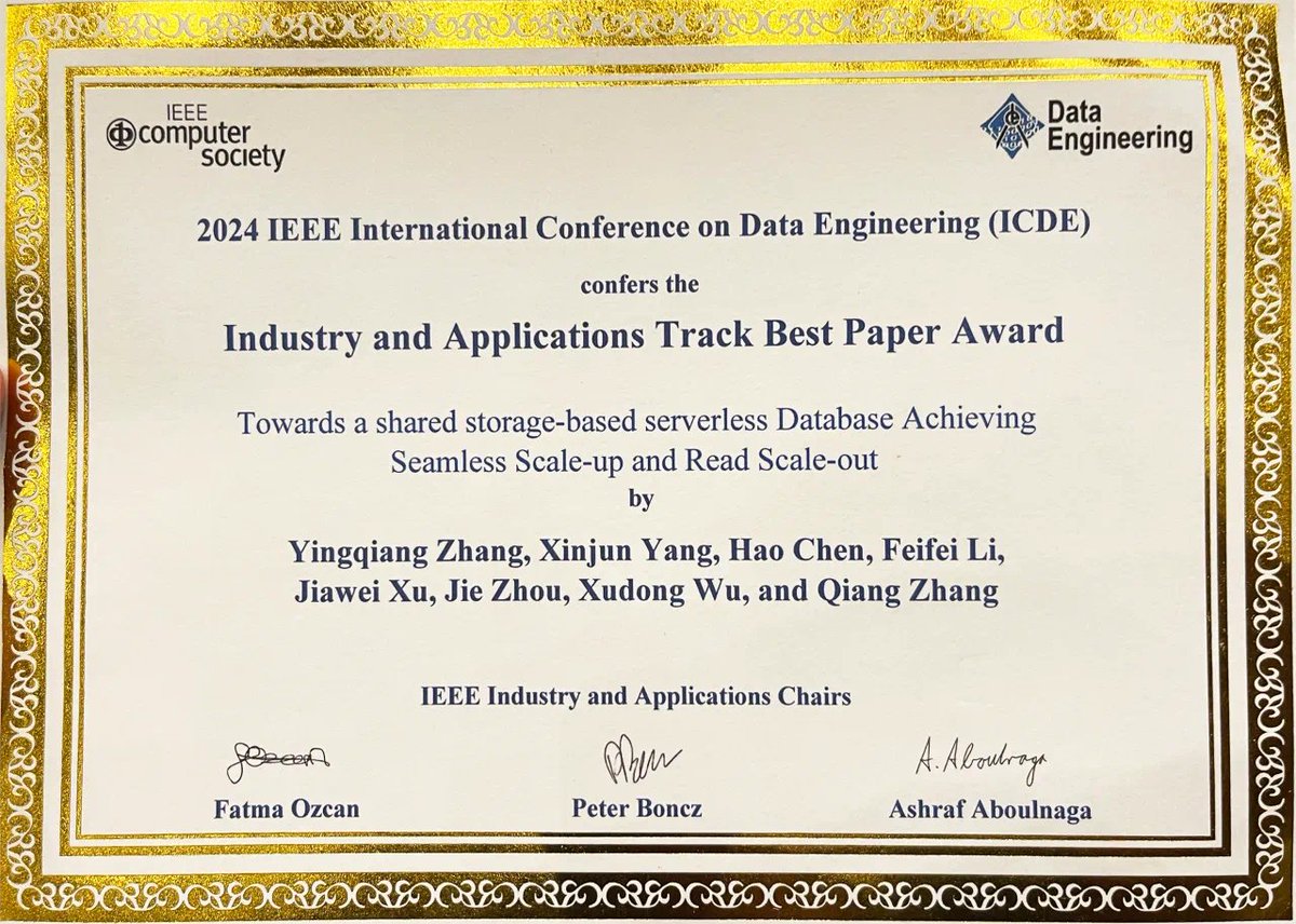 alibaba_cloud's tweet image. At #ICDE2024, #PolarDB won the “Industry and Applications track Best Paper Award”. PolarDB innovatively solved the issue of cross-machine transaction migration in serverless database, reducing the migration time within 0.5s and enhancing overall performance by several dozen…