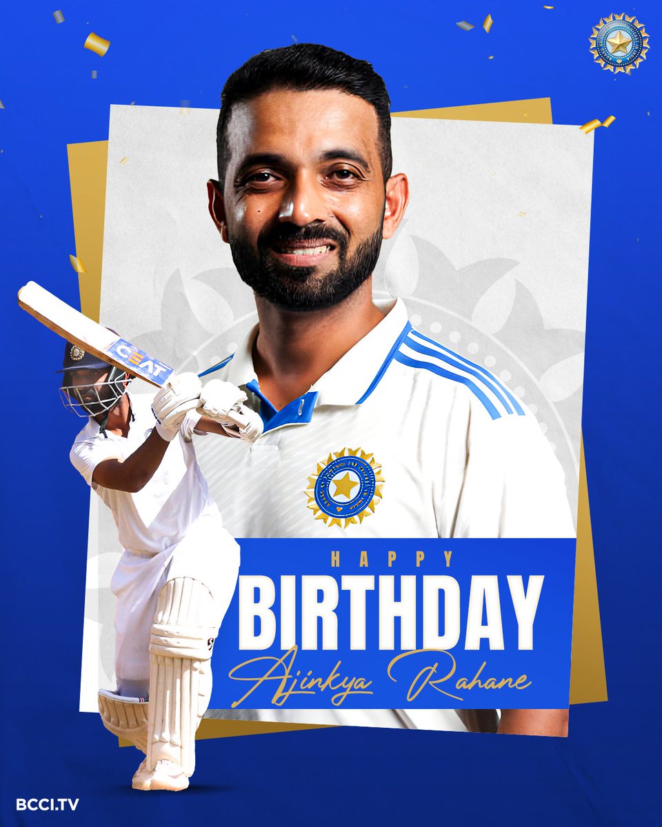 BCCI's tweet photo. 1⃣9⃣5⃣ intl. matches
8⃣4⃣1⃣4⃣ intl. runs
1⃣5⃣ intl. hundreds 💯

Wishing a Happy Birthday to Ajinkya Rahane 🎂👏

#TeamIndia | @ajinkyarahane88 https://t.co/X5Cfz28hG0