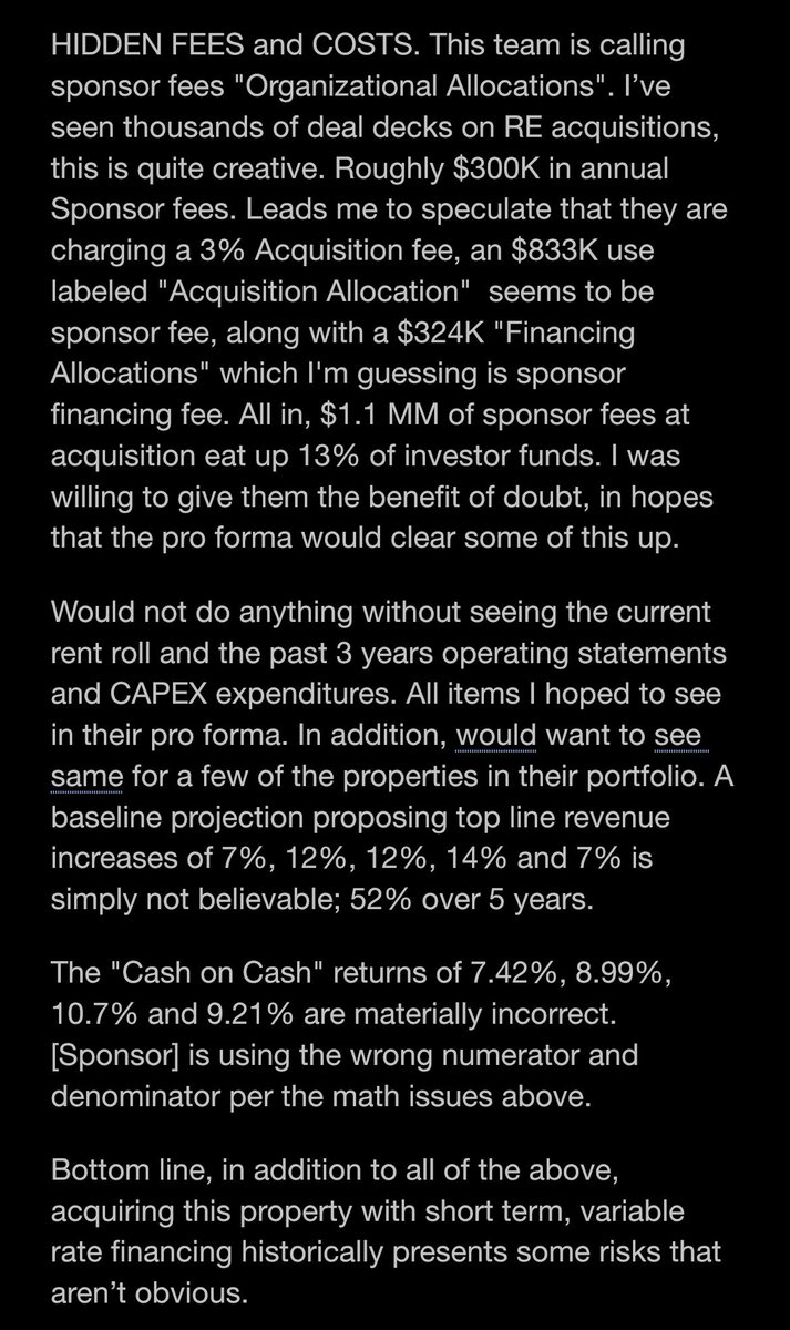 No dog in this fight. Sharing my experience of researching an investment in a well known ReTwit sponsor’s deal in early 2022. After receiving the offering memo I requested the pro forma. Sponsor declined to share it. I asked a wealth advisor to review the offering memo.