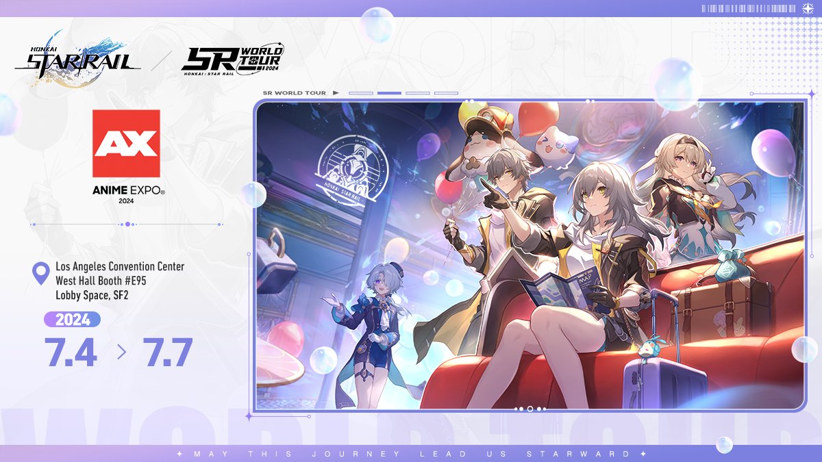 Honkai: Star Rail is back at Anime Expo! 

We're kicking off the 2024 Star Rail World Tour with new events, activities, and swag at our offline booth, inspired by the illustrious world of Penacony. In addition, we'll have not one, but two official panels featuring special guests!