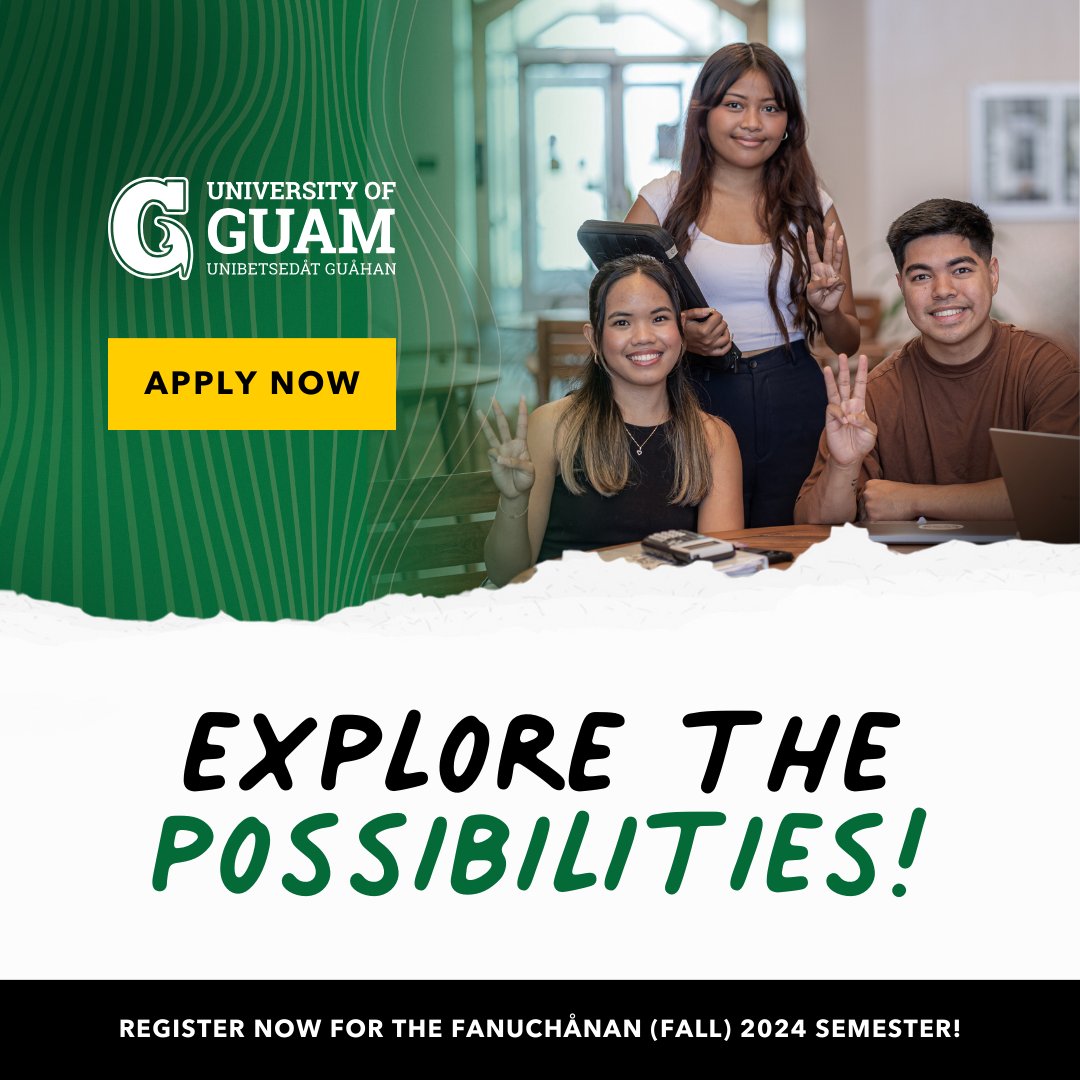 Register for the Fanuchånan (Fall) 2024 semester today and explore the endless possibilities ahead! 📚 🔱

Early registration for all class levels is open until July 7!  Register now at registration.uog.edu (Link in bio)

#UOGTritons #BibaUOG #UniversityofGuam #Guam #UOG