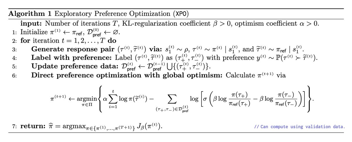 New preprint out—Exploratory Preference Optimization (XPO)!

Active exploration in token-level MDPs can be as simple as (online) DPO, provably! arxiv.org/abs/2405.21046

Thread: 👇    1/