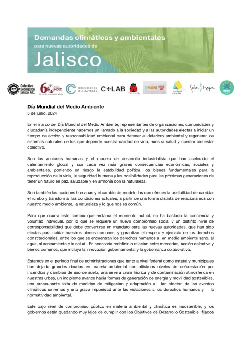 imdecac's tweet photo. 🌱#DíaMundialDelMedioAmbiente

🟢 Conoce las 25 demandas climáticas y ambientales que organizaciones sociales estamos exigiendo  y proponiendo a las nuevas auroridades electas de #Jalisco en todos sus niveles.

🔴 Es urgente reconocer el #ColapsoClimático y actuar urgentemente 🌎 https://t.co/L2AxYApFRh