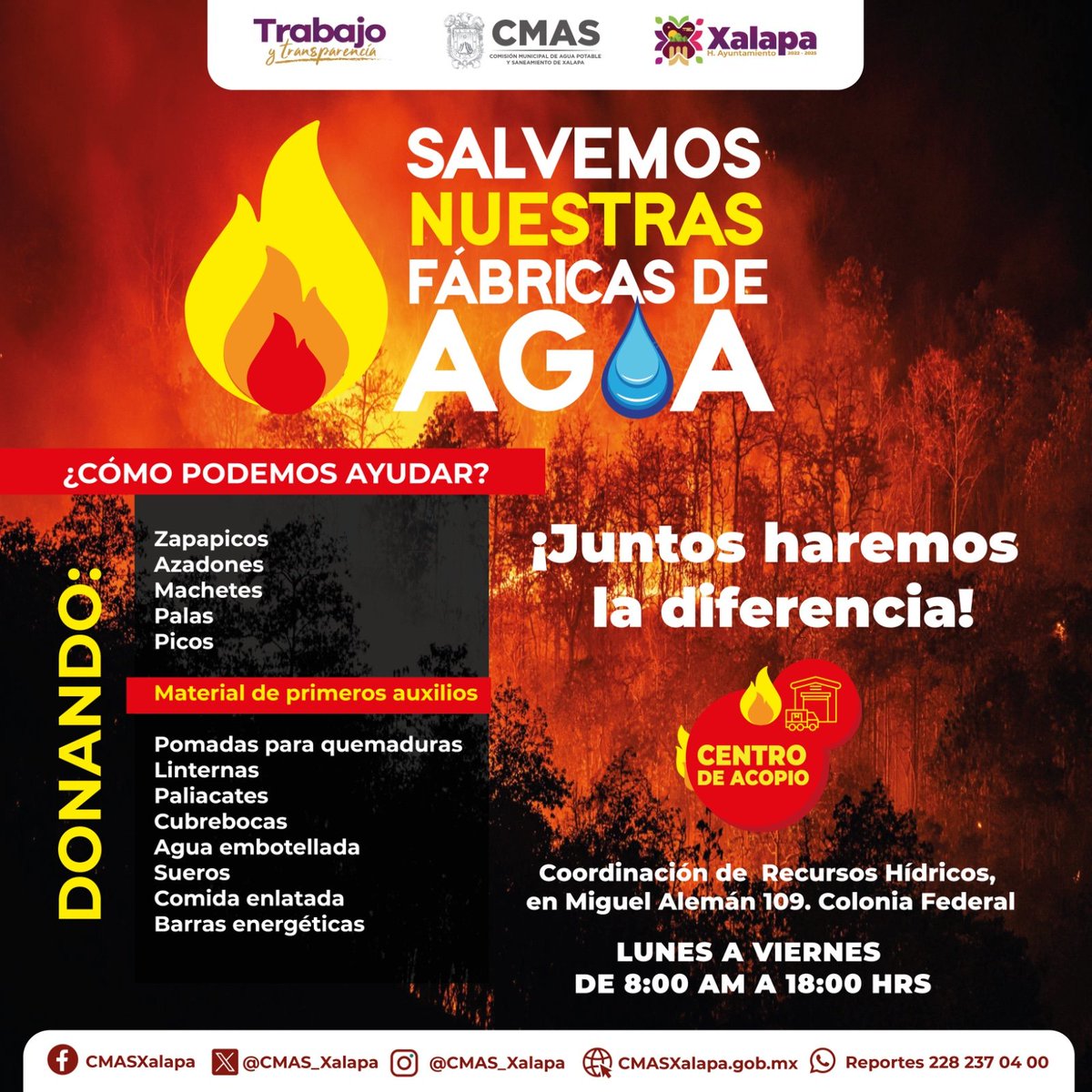 CMAS_Xalapa's tweet photo. La Comisión Municipal de Agua Potable y Saneamiento de Xalapa, Ver., se solidariza y se suma a la causa.

Con el fin de apoyar a nuestras fábricas de agua que se han visto afectadas con incendios forestales, se instaló un centro de acopio en oficinas centrales. https://t.co/gOnjRq4Pr4