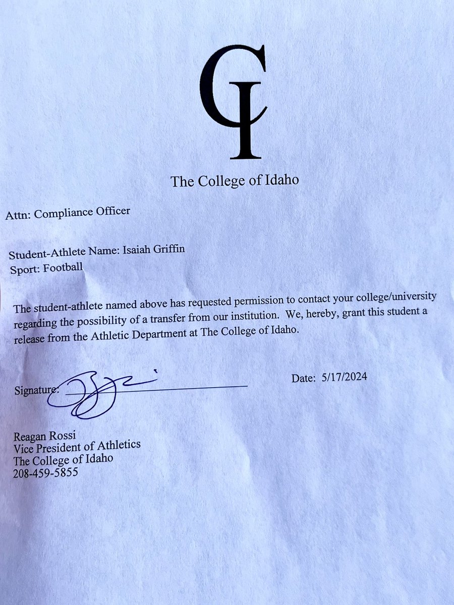 🎱 (@isaiahjgriffin) on Twitter photo I have officially received my Permission to Contact Letter from the College of Idaho with 2 Years of eligibility + Red Shirt remaining. My recruitment is now 100% open!
Phone # 509-934-9789
Email: 2022igriffin@gmail.com I have officially received my Permission to Contact Letter from the College of Idaho with 2 Years of eligibility + Red Shirt remaining. My recruitment is now 100% open!
Phone # 509-934-9789
Email: 2022igriffin@gmail.com