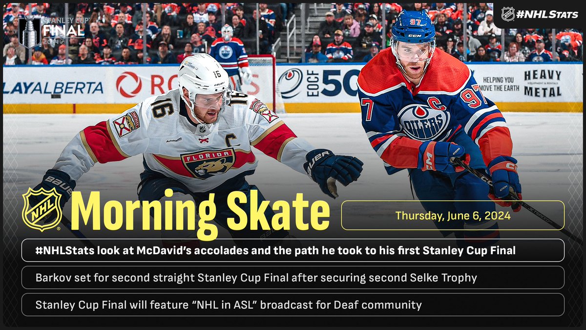 NHLPR's tweet photo. NHL Morning Skate: #StanleyCup Final Edition – June 5, 2024

▪ McDavid's path to his first Final examined
▪ Barkov looks to become 7th player to win Cup and Selke
▪ Final will feature 'NHL in ASL' broadcast for Deaf community

#NHLStats: https://t.co/DwrPRn7h71 https://t.co/iZmVEEXEaL