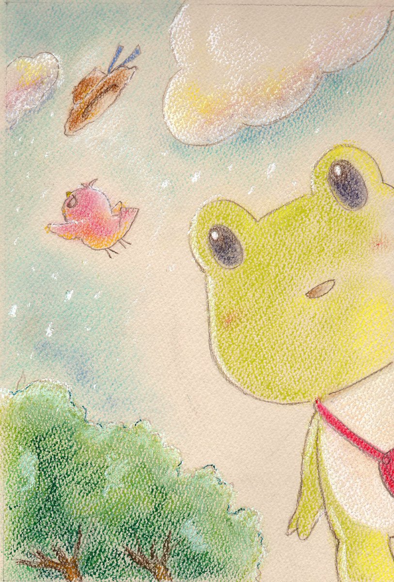 「おはようございますかえるの日なので、昔のかえるさんの絵をこの頃はパステルで描いて」|チコリ@✨🐸羽根🪶としっぽ展のイラスト