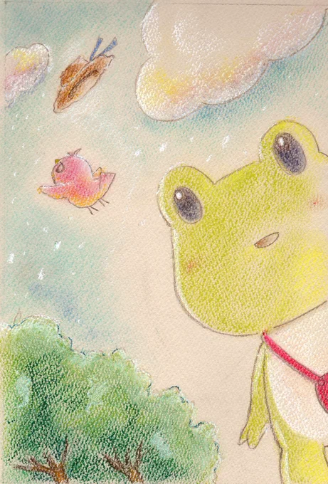 おはようございますかえるの日なので、昔のかえるさんの絵をこの頃はパステルで描いてました 