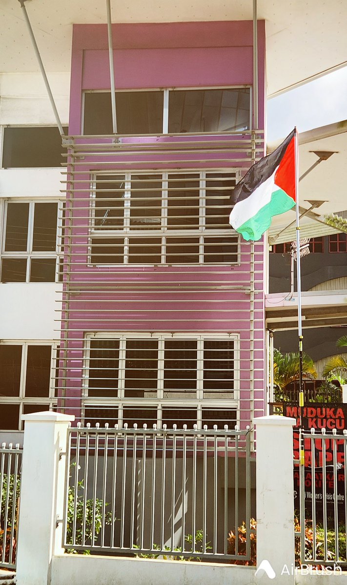 CommsFWCC's tweet photo. The Palestinian flag is up today at FWCC. A message  to Israel's Ambassador to Fiji &amp; the Pacific who is here for the week that Fijians want a #ceasefireNow. They want justice and peace and an end to the Genocide. Shame on @slrabuka and the Fiji Govt. https://t.co/izrVQGWxLC