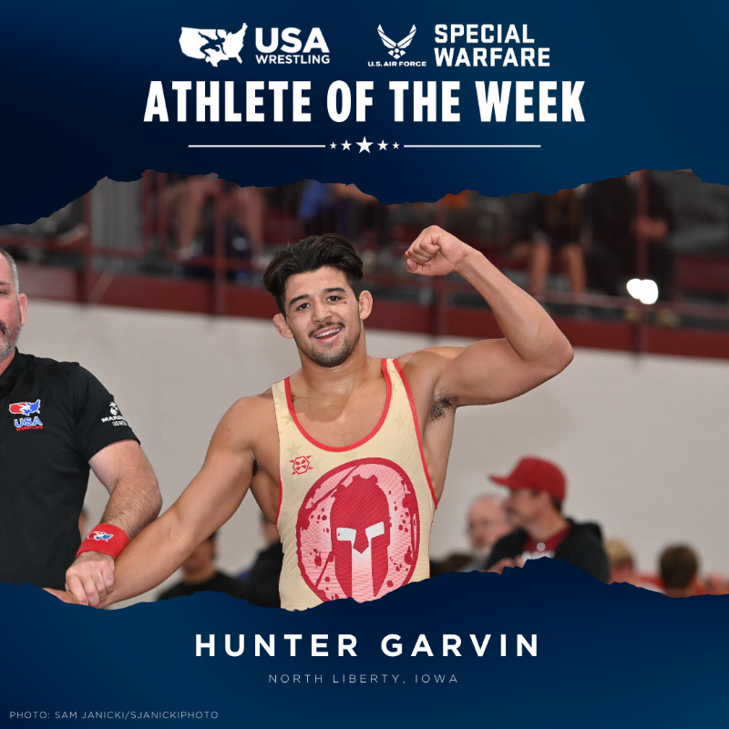 USAWrestling's tweet photo. Hunter Garvin (North Liberty, Iowa) has been named the USA Wrestling Athlete of the Week, presented by @airforcespecwar 🏆