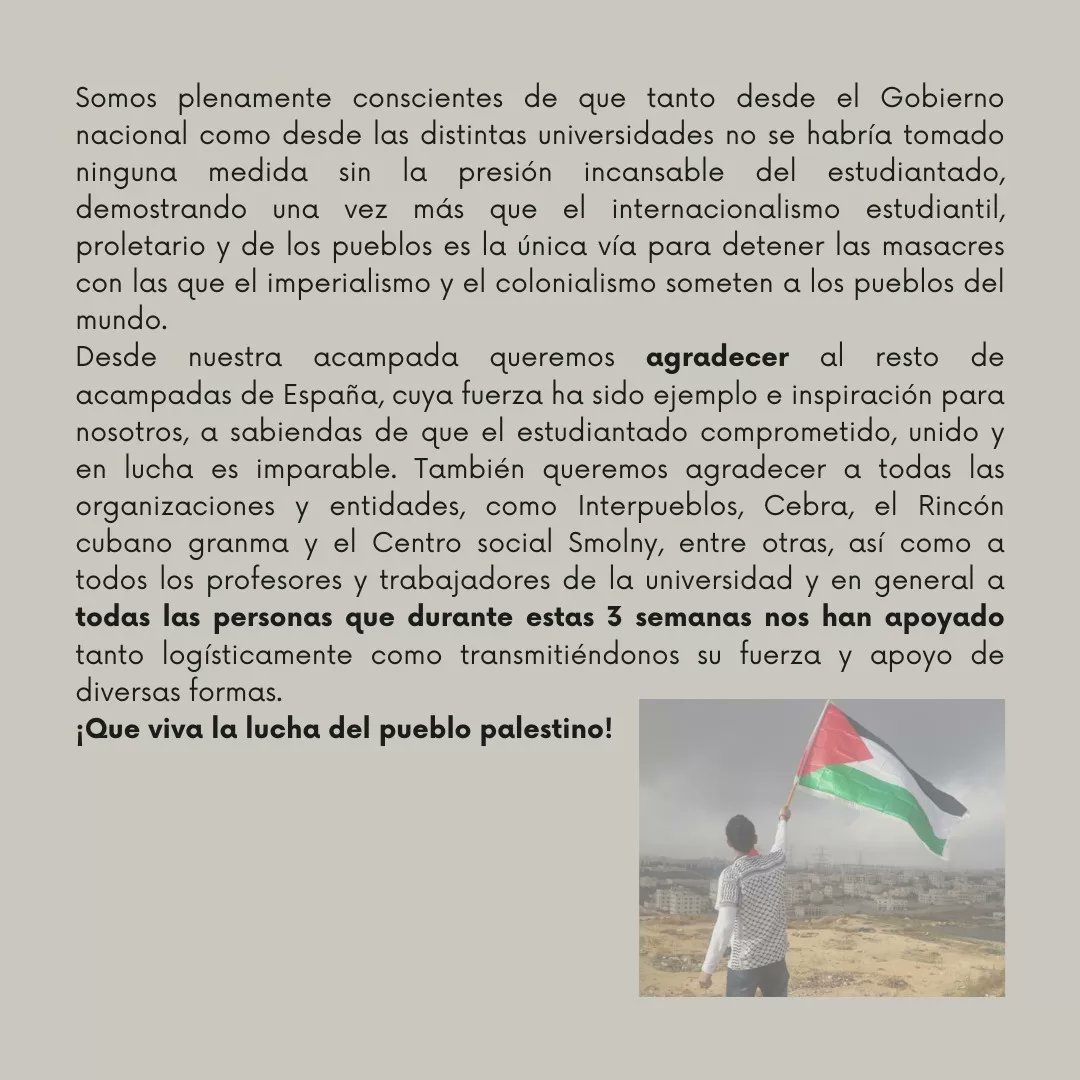 Hoy día 5 de junio, se desconvoca a acampada por Palestina de la UC, tras llegar a un acuerdo con el rectorado de la universidad. Muchas gracias a todas las personas involucradas de cualquier manera. Seguiremos luchando por una Palestina viva y libre!