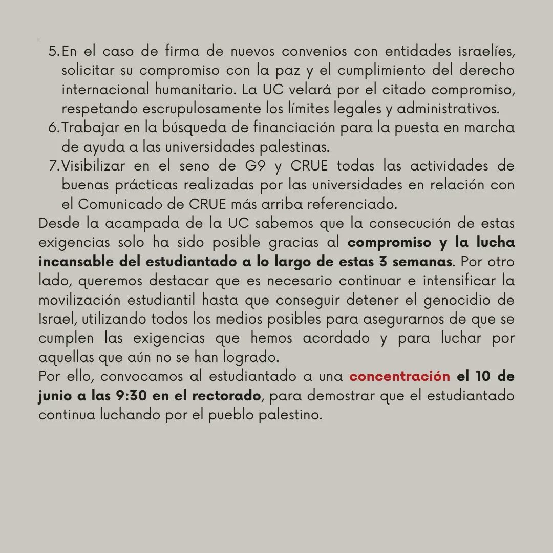 acampadaUC's tweet photo. Hoy día 5 de junio, se desconvoca a acampada por Palestina de la UC, tras llegar a un acuerdo con el rectorado de la universidad. Muchas gracias a todas las personas involucradas de cualquier manera. Seguiremos luchando por una Palestina viva y libre! https://t.co/NLWc0wpHUD