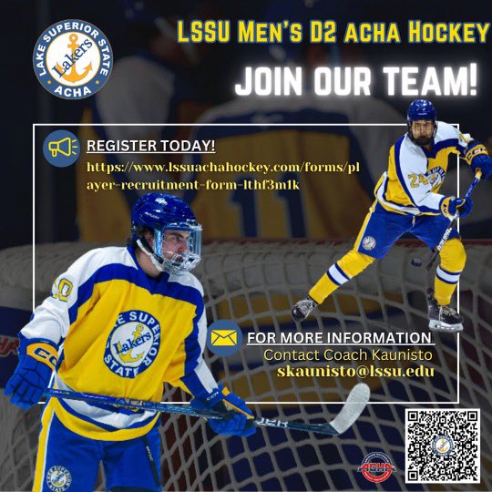 Are you interested in playing ACHA hockey at Lake Superior State University? JOIN OUR TEAM!!! 💙⚓️💛 

📝 Fill out the player recruitment form : lssuachahockey.com/forms/player-r…

✉️ Contact Coach Kaunisto for more information: skaunisto@lssu.edu