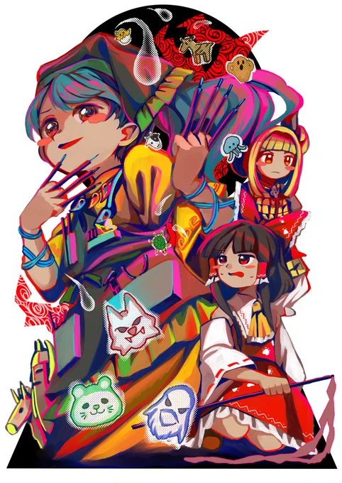 鬼形獣ノーコン記念に霊夢さんと袿姫さんと摩弓さんを描きました。 
