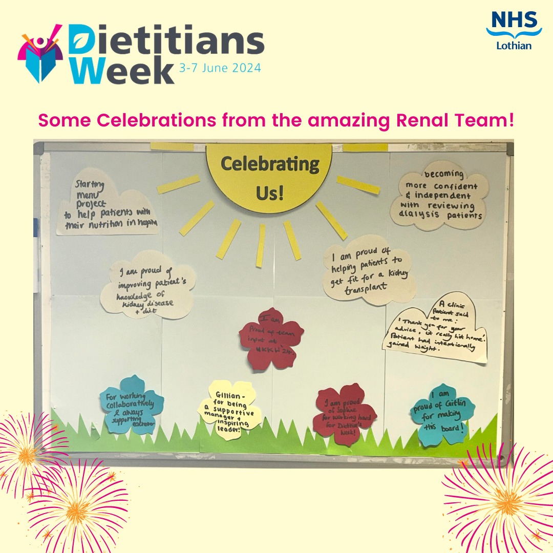 NHSL_Dietetics's tweet photo. #DW2024

Our Renal Dietetic Team have made a #CelebratingUs board for the office as part of Dietitian's Week! Lots of positive vibes 🌞 which we love!
#Encouragement
#Inspiration
#TeamDietetics
#TeamWork
@RIE_Lothian
@bda_renal
@BDA_Dietitians
@gwalker_gillian https://t.co/vdq42yE3rn