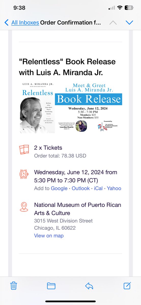 Got my tickets to see Luis Miranda <a href="/Vegalteno/">Luis A. Miranda, Jr.</a> at the National Museum of Puerto Rican Arts &amp; Culture on June 12 discussing his memoir Relentless! Can’t wait!