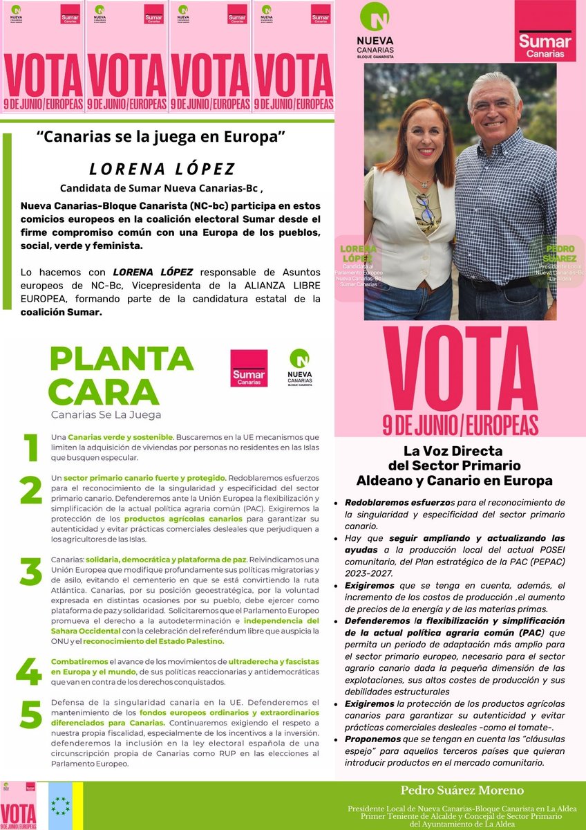 NCLaAldea's tweet photo. 💚#PedroSuarez Presidente de @NCLaAldea 
"#LaAldea y #Canarias necesitamos la VOZ DIRECTA de #LorenaLopez #SUMAR #NUEVACANARIAS-BC 🇮🇨 en Europa. 
Las decisiones de #UE  afectan al Sector Primario motor económico de #LaAldea,en los derechos sociales, colectivos,medioambiente.." https://t.co/If5PSq3UJj