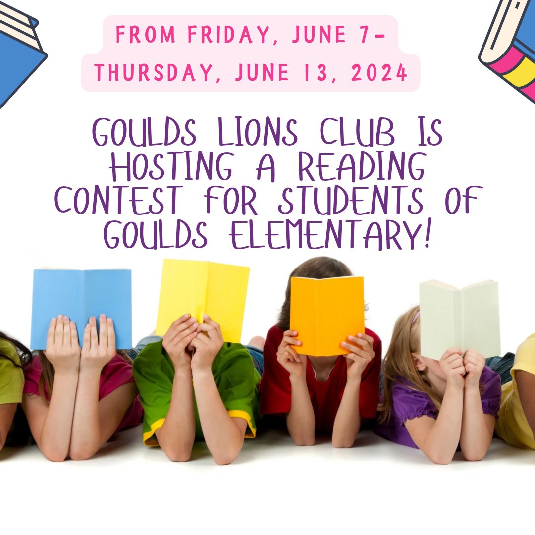 GouldsLionsClub's tweet photo. From June 7th-June 13th Goulds Lions Club is hosting a reading contest for all students of @Goulds_Elem
Info for Parents: take a picture of your child reading and post it on Facebook, Twitter or Instagram, tagging Goulds Lions Club. They will be entered to win one of ten $20 gift https://t.co/LtOs9RaQja