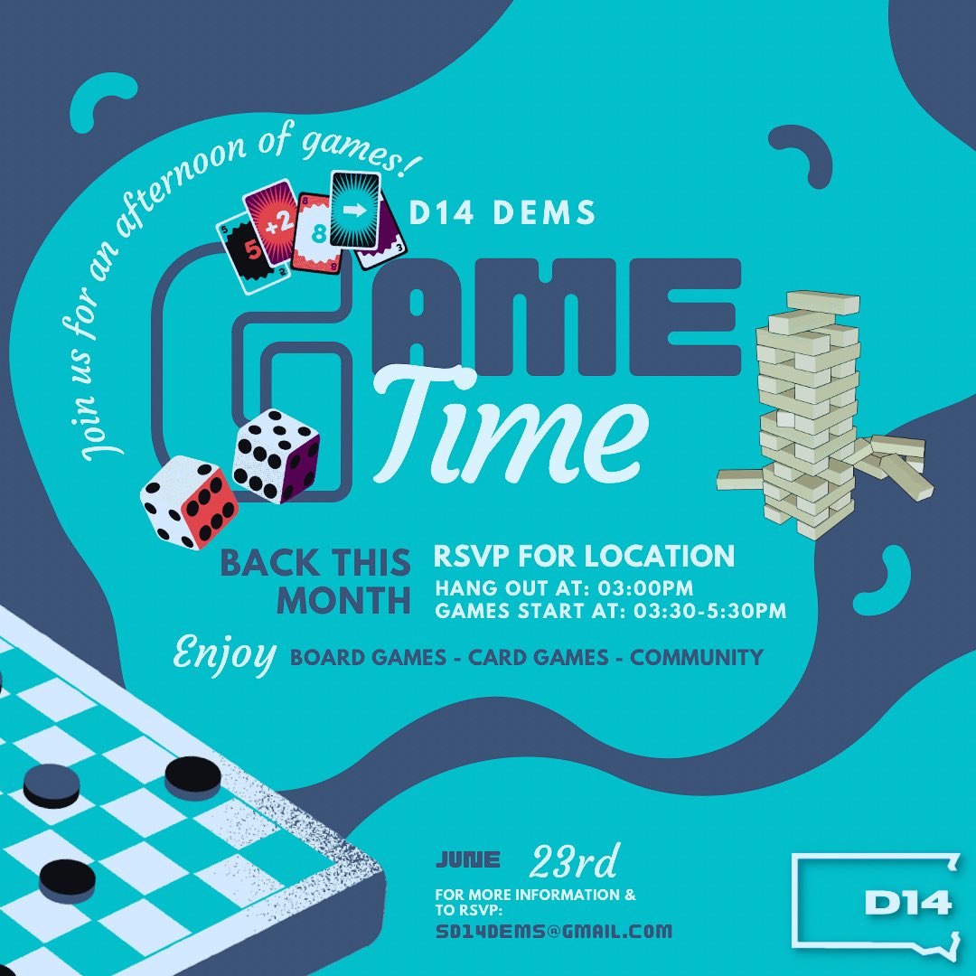 SoDakD14Dems's tweet photo. 🎲D14 Game Time is coming back this month!
Join your fellow D14 Dems for an afternoon of games!
Sunday, June 23rd from 3-5:30
RSVP the district at: sd14dems@gmail.com for more information and location
See you there!
#buildingcommunity #movingforward #d14dems #gametime https://t.co/wJCzJxpH19