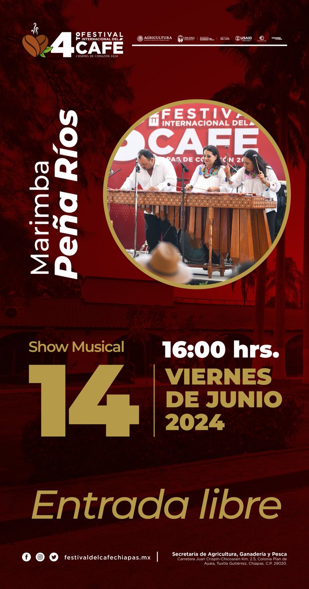 Ven a disfrutar de los eventos culturales del 4to. Festival Internacional del Café, Chiapas de Corazón 2024.
Asiste con toda tu familia y tus amigos, la entrada es gratuita.
Consulta la cartelera de actividades.
¡Con el café, #ChiapasEsMásFuerte!
