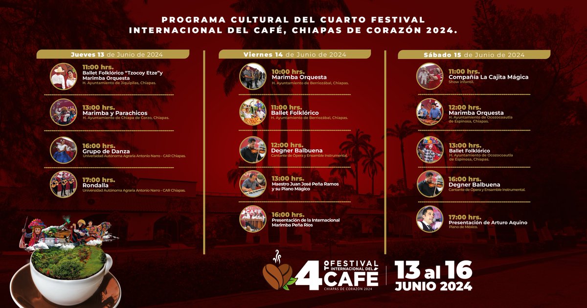 Ven a disfrutar de los eventos culturales del 4to. Festival Internacional del Café, Chiapas de Corazón 2024.
Asiste con toda tu familia y tus amigos, la entrada es gratuita.
Consulta la cartelera de actividades.
¡Con el café, #ChiapasEsMásFuerte!