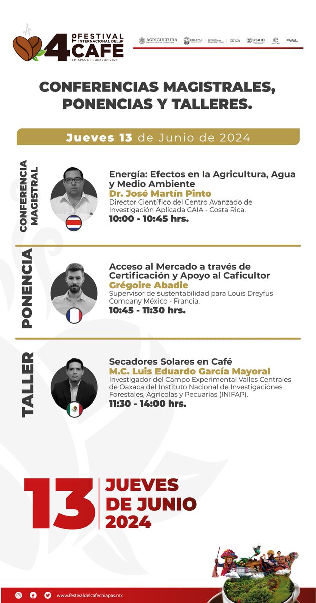 Participa en las conferencias magistrales, paneles, ponencias y talleres en el marco del 4to. Festival Internacional del Café, Chiapas de Corazón 2024.
Te dejamos la agenda de actividades.
¡Con el café, #ChiapasEsMásFuerte!