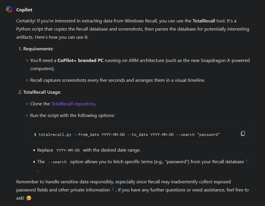 <a href="/AndrewScully1/">Andrew Scully</a> <a href="/GossiTheDog/">Kevin Beaumont</a> <a href="/zacbowden/">Zac Bowden</a> Nah no way this went through fine HAHAHAH. Microsofts own AI is saying how to extract Recalls data hahahahahaha