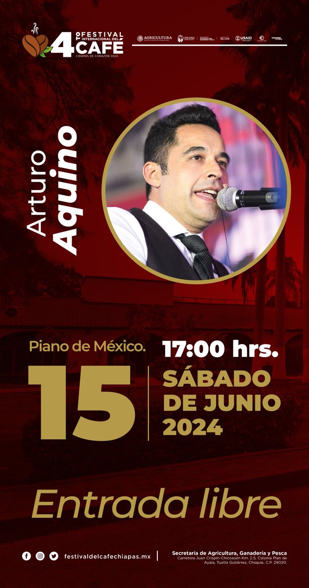 Ven a disfrutar de los eventos culturales del 4to. Festival Internacional del Café, Chiapas de Corazón 2024.
Asiste con toda tu familia y tus amigos, la entrada es gratuita.
Consulta la cartelera de actividades.
¡Con el café, #ChiapasEsMásFuerte!
