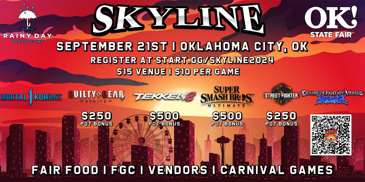 Are you ready for Skylines at the Oklahoma State Fair?

Event Date: Sept 21st

$15 Registration until 8/17
$10 Per Game

start.gg/Skyline2024