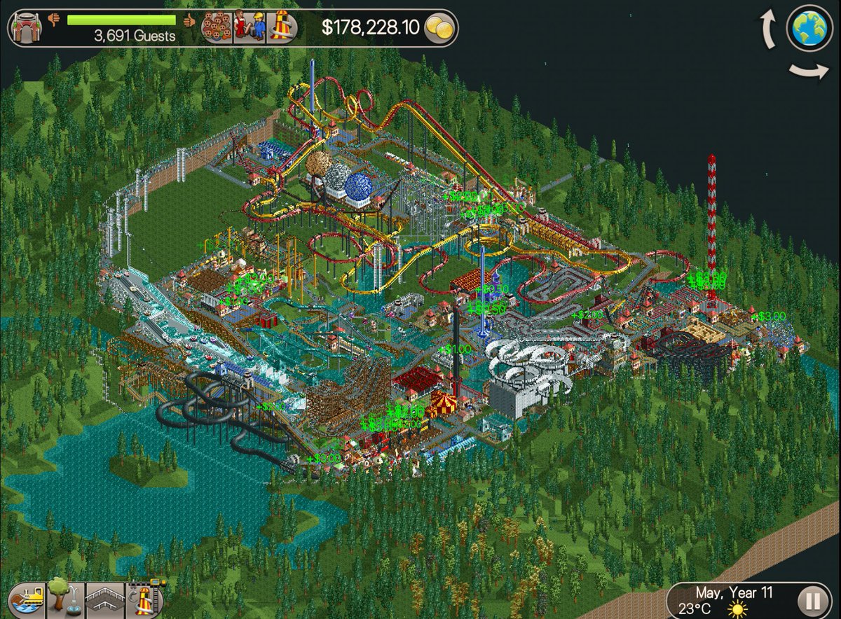 Disnerd2319's tweet photo. I have researched everything I can, I have almost 4000 park visitors with almost $179,000 to spend and I still have space left to keep building #rollercoastertycoon @OfficialRCT https://t.co/64j4Tnejk4