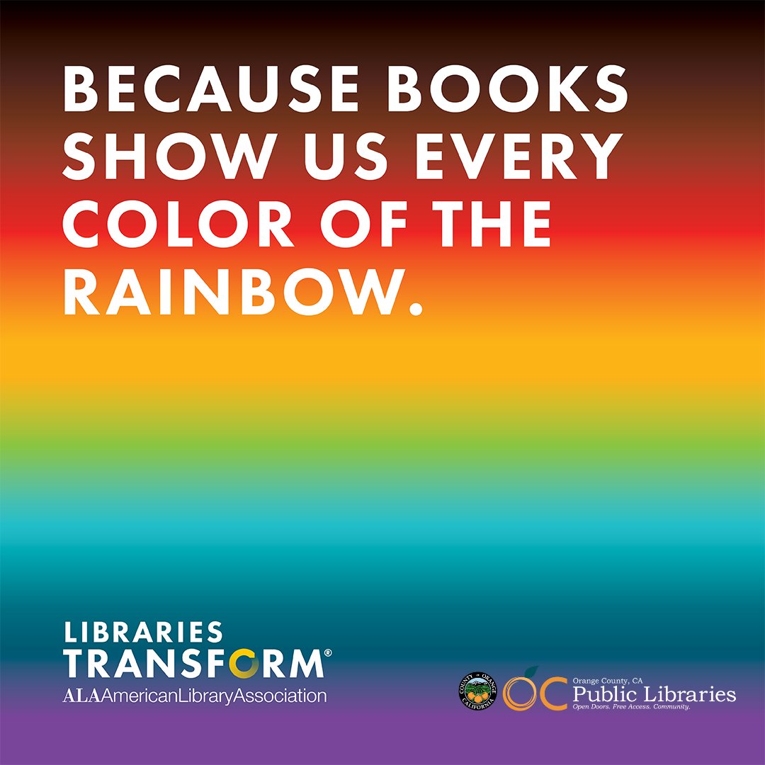 ocpublib's tweet image. Happy Pride Month! OC Public Libraries welcomes diverse populations and is a safe space for everyone.

#ALA #AmericanLibraryAssociation #RainbowBookMonth #OCPL # OCPublicLibraries #OrangeCounty #PrideMonth #library #pride #books