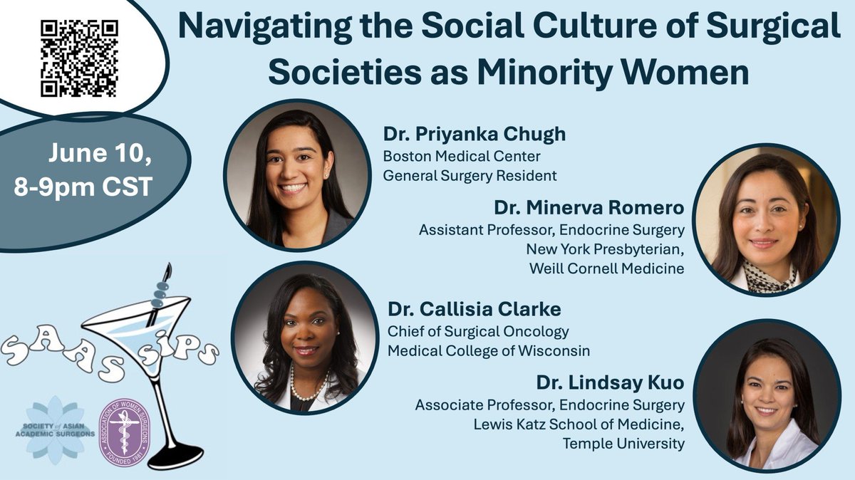 SocAsianAcadSurg (@asianacadsurg) on Twitter photo Register for our next #SAASSips hosted in collaboration with <a href="/WomenSurgeons/">WomenSurgeons</a> NMSC, on "Navigating the Social Culture of Surgical Societies as Minority Women”! t.ly/sZdWn
<a href="/AntiWheatGirl/">Priyanka V. Chugh MD, MS</a> <a href="/DrCNClarke/">Callisia Clarke MD</a> <a href="/minervies/">Dr Minerva</a> <a href="/lindsaykuo/">Lindsay Kuo, MD MBA FACS</a> <a href="/gogo_gopss/">Gopika SenthilKumar, PhD</a> <a href="/SDreamMD/">Sophie Dream</a> <a href="/ReaganACollins/">Reagan Collins</a> Register for our next #SAASSips hosted in collaboration with <a href="/WomenSurgeons/">WomenSurgeons</a> NMSC, on "Navigating the Social Culture of Surgical Societies as Minority Women”! t.ly/sZdWn
<a href="/AntiWheatGirl/">Priyanka V. Chugh MD, MS</a> <a href="/DrCNClarke/">Callisia Clarke MD</a> <a href="/minervies/">Dr Minerva</a> <a href="/lindsaykuo/">Lindsay Kuo, MD MBA FACS</a> <a href="/gogo_gopss/">Gopika SenthilKumar, PhD</a> <a href="/SDreamMD/">Sophie Dream</a> <a href="/ReaganACollins/">Reagan Collins</a>