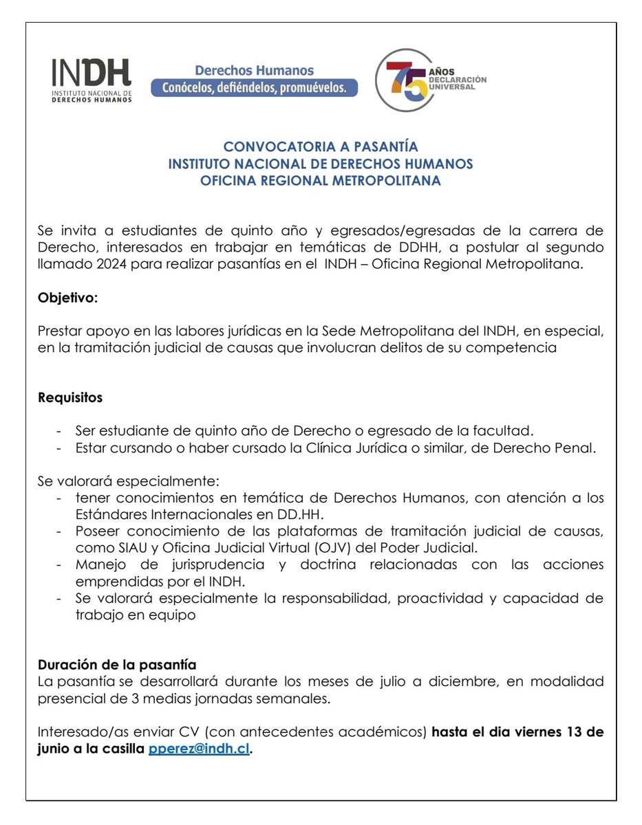 Convovatoria a Pasantía en INDH.