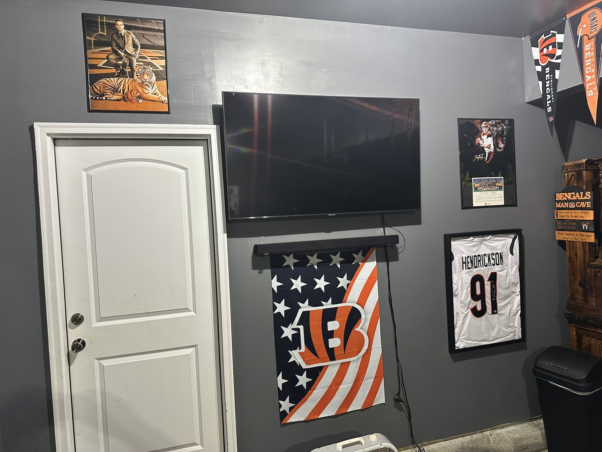 JoeShirk82's tweet photo. Nothing says I’m ready for @Bengals football season like finally cleaning,painting and decorating the garage mancave. Not 100% but it’s coming along. @daxhill5 @Sam_Hubbard_ https://t.co/RulrINf4mu