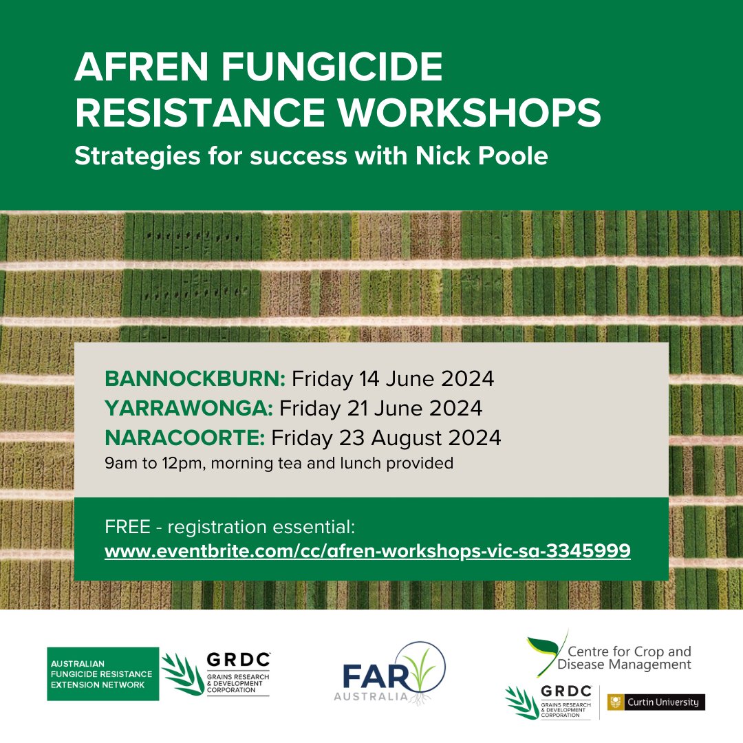 SA, Vic &amp; NSW growers &amp; advisers – join <a href="/Pooley_Nick_FAR/">Nick Poole</a> at a free AFREN workshop for insights on fungicide resistance. Bannockburn, Yarrawonga &amp; Naracoorte. Registration essential: bit.ly/4530202