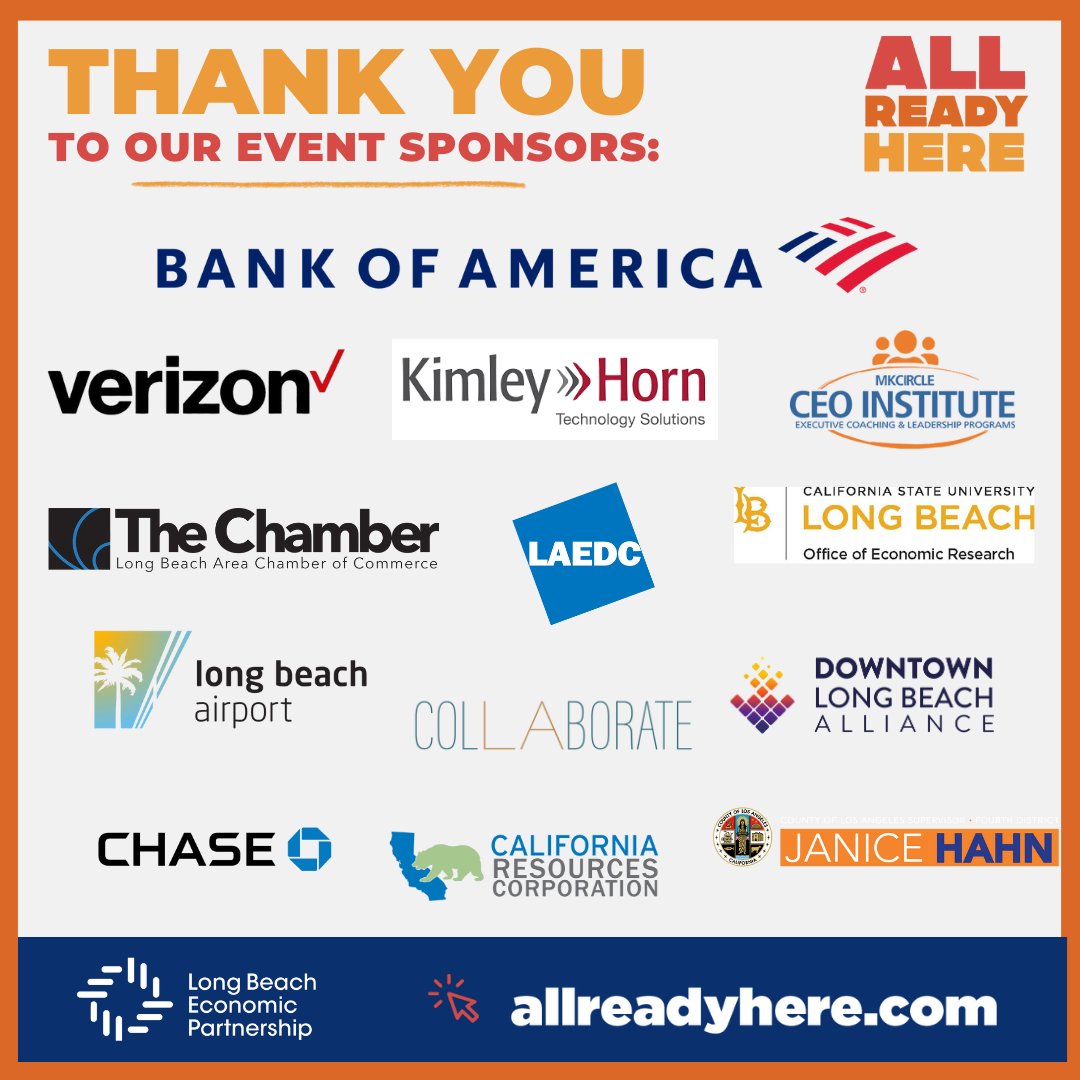 LBEPartnership's tweet image. Thank you to all of the All Ready Here Long Beach Site Selector Conference Sponsors. Your support and investment in the City of Long Beach helped make this inaugural event a success.

More information at: allreadyhere.com

#LBEP @LongBeachCity  #AllReadyHere  #ThankYou