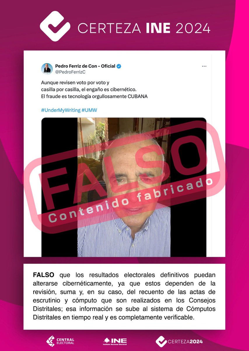 CertezaINE's tweet photo. 🚨#FALSO | Sobre una publicación donde se asevera que los resultados electorales definitivos pueden alterarse cibernéticamente, #ElINEInforma: https://t.co/BMW54da2LL