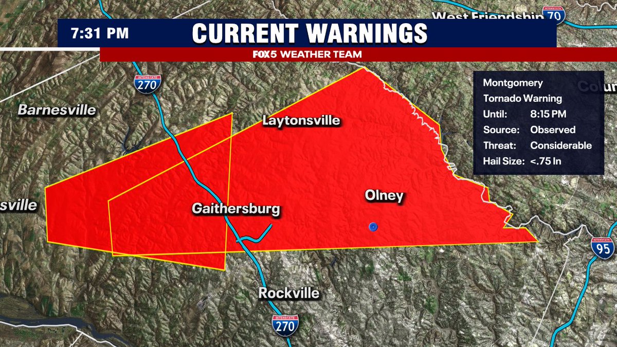 MikeTFox5's tweet photo. CONFIRMED DANGEROUS TORNADO on the ground in central Montgomery County, MD with Olney and surrounding communities now included within this warning zone. PLEASE SEEK SHELTER in the path of this dangerous storm! https://t.co/UOu445ESam