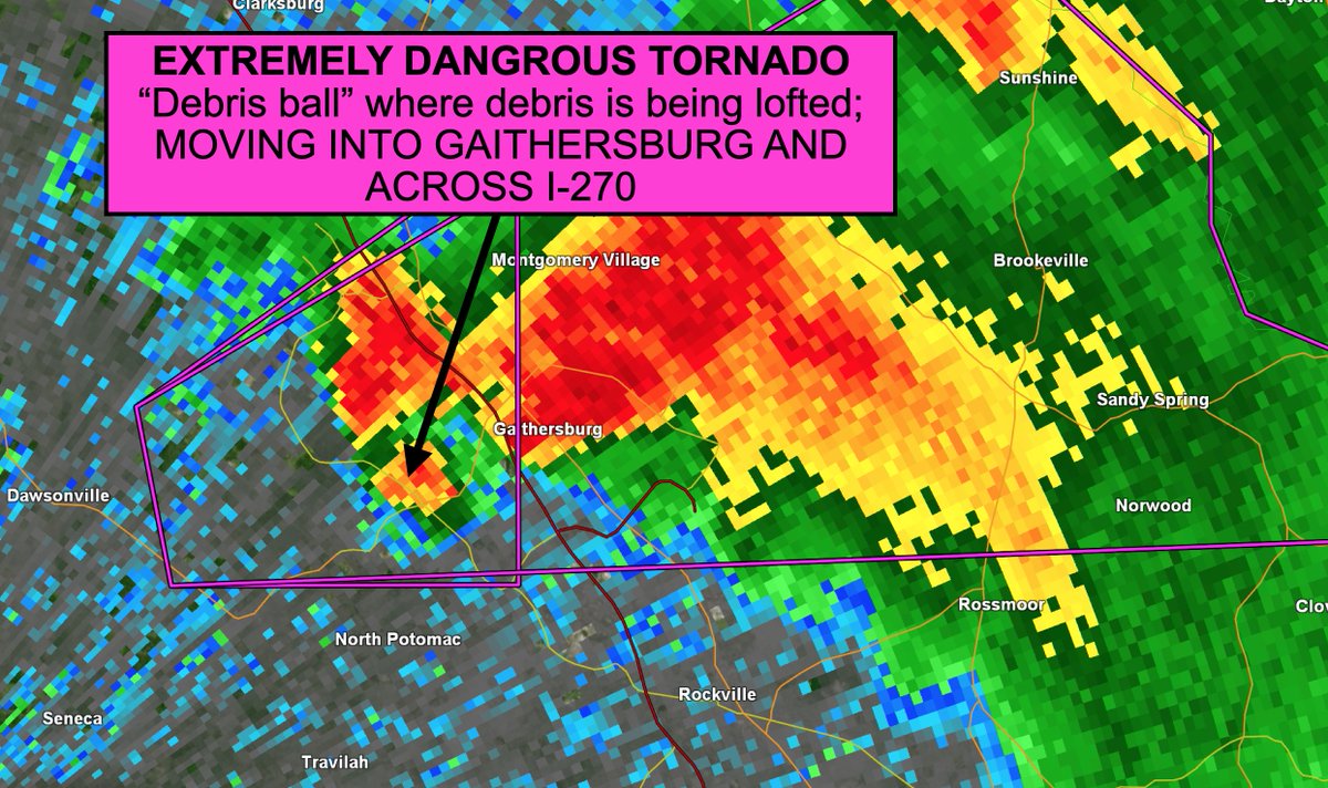 Gaithersburg – you NEED TO BE BELOW GROUND. 

This is not a "typical Maryland tornado."

This is a potentially long-track supercellular tornado with EF2+ damage possible. If you are not in shelter, you could be killed by flying debris.