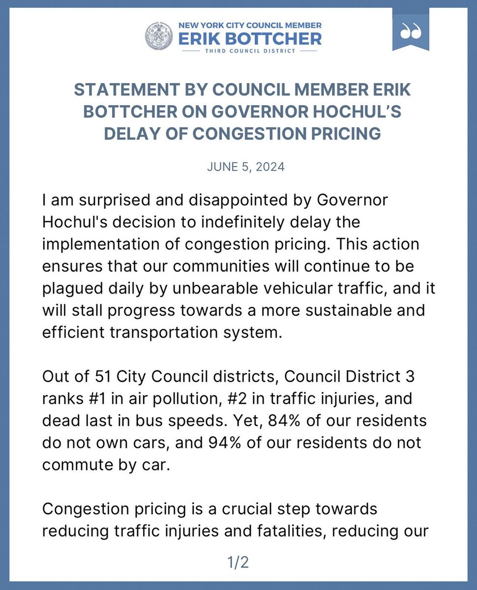 ebottcher's tweet photo. My statement on Governor Hochul’s delay of congestion pricing: https://t.co/0oowoXkgJj