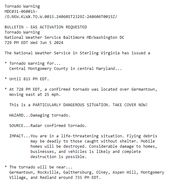 URGENT-- rare Particularly Dangerous Situation TORNADO WARNING from Germantown/Gaithersburg  area to east central Montgomery County until 8:15p. 

It's critical you take this seriously and shelter in a sturdy building away from windows. DO NOT DRIVE IN THIS. Get off the road.