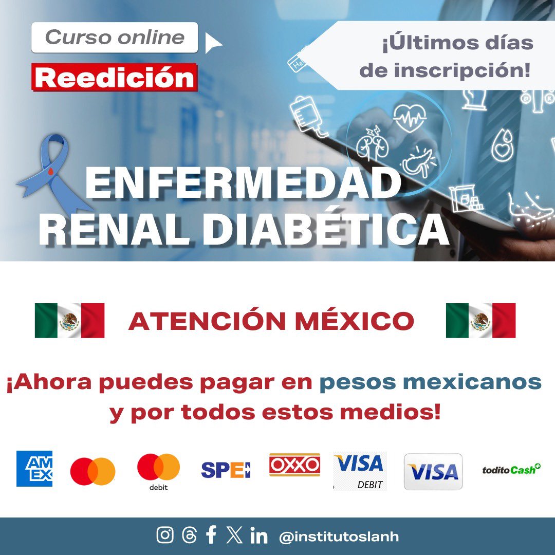 IMINmx's tweet image. 📢 ¡Únete al curso online del Instituto SLANH sobre Enfermedad Renal Diabética!

Consulta toda la información en nuestro perfil y regístrate hoy mismo. ¡Te esperamos!

#EducaciónMédica #EnfermedadRenalDiabética #SLANH