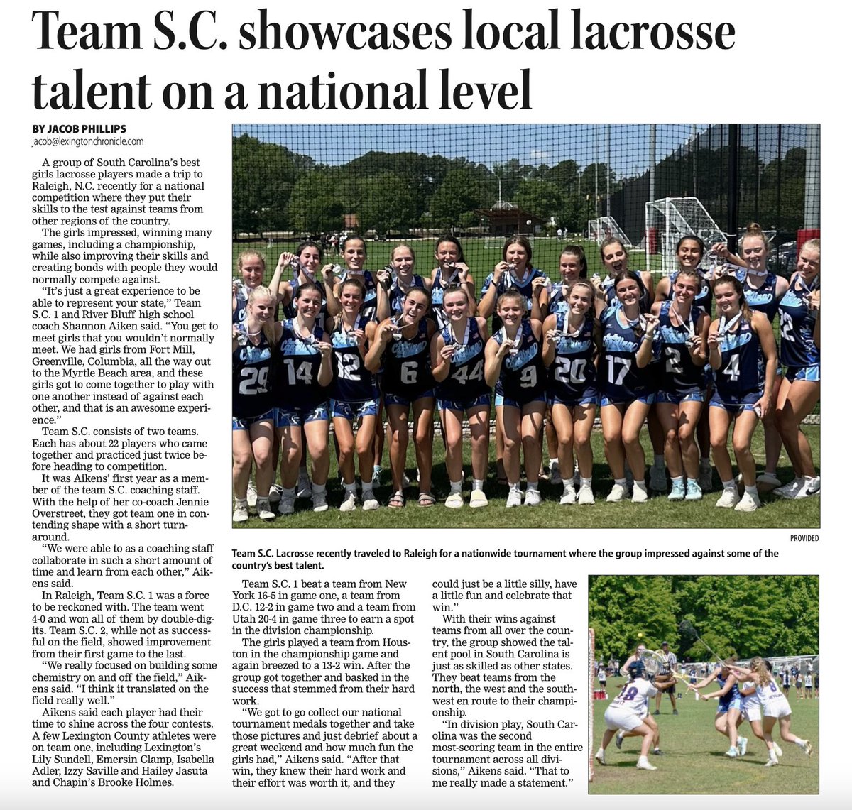 Very cool article by the Lexington Chronicle about our success at the USA Lacrosse National Tournament over Memorial Day weekend.

Here's some of my highlights from our games!
iwlca.sportsrecruits.com/athlete/lily_s…

<a href="/junebugnewyork/">Thomas Grant Jr.</a> <a href="/LouatTheState/">Lou Bezjak</a> <a href="/LibertyWLAX/">Liberty Lacrosse</a> <a href="/hpuwlax/">HPU Women’s Lacrosse</a> <a href="/woffordwlax/">Wofford Lacrosse</a> <a href="/ClemsonWlax/">Clemson Women's Lacrosse</a>