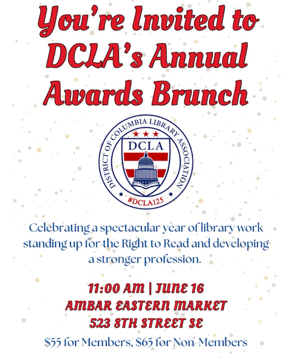 DCLALibrarians's tweet photo. Attend DCLA’s Annual Awards Banquet, featuring keynote speaker &amp; LJ Librarian of the Year, Lisa Varga! Sunday, June 16th @11am at Ambar's Eastern Market location.

Tickets must be purchased by June 8th! Don't miss out on this amazing event! https://t.co/cLQpoybpWC @edrabinski https://t.co/NciqFy5nzH