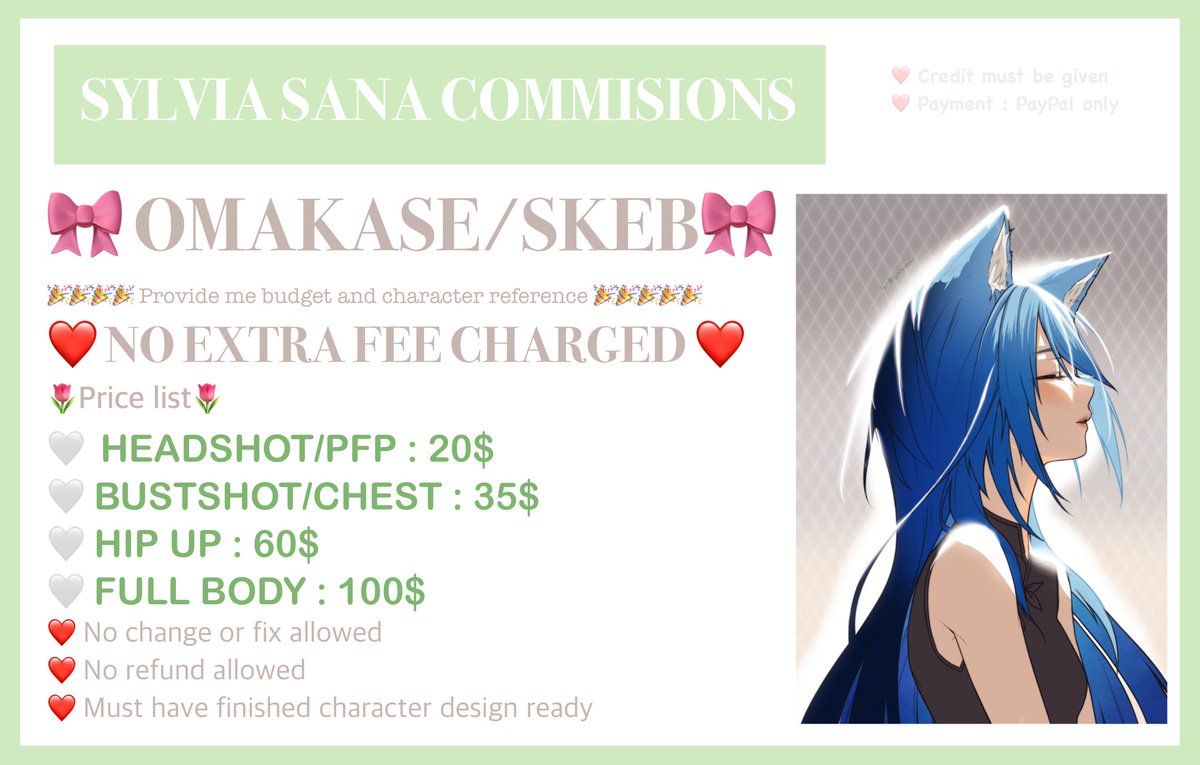 Hi! I open omakase/skeb art commissi0n
Please feel free to ask if you have any questions 💗
