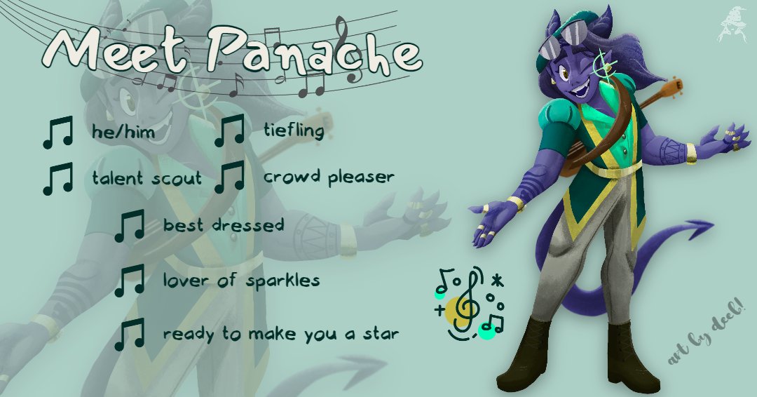 Meet Panache 🎵
Stage manager and talent scout, Panache, seeks out the brightest stars that haven't had their chance to shine.

Coming Soon!